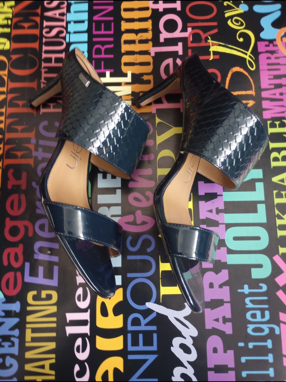 Calvin Klein Navy Blue Patent/Croc Double Strap Mules